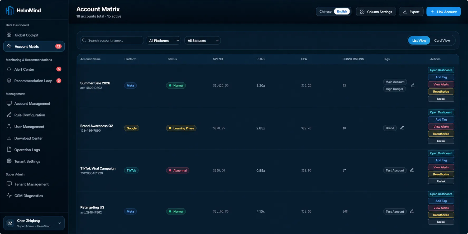 HelmMind Account Matrix screenshot