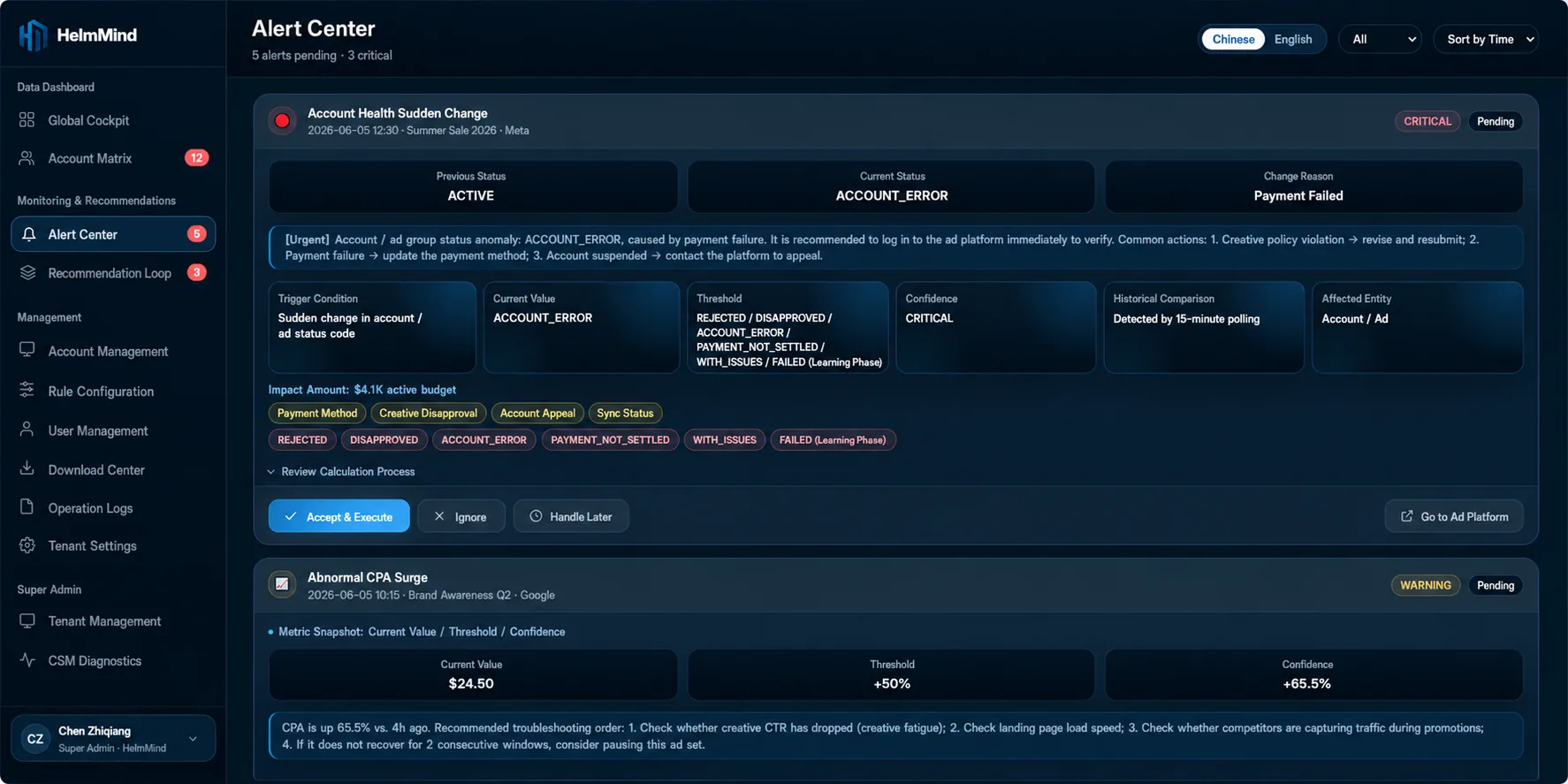 HelmMind Alert Center screenshot